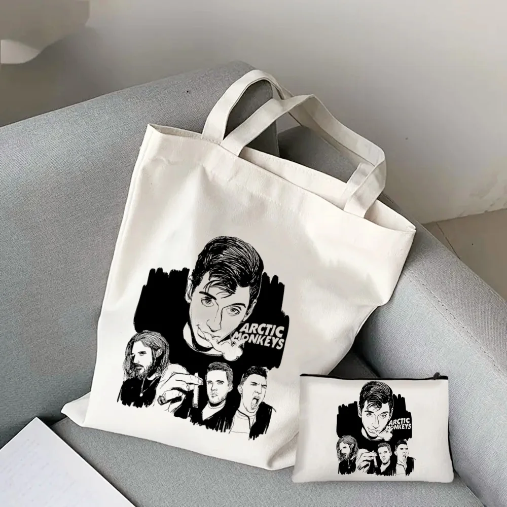 2pcs Arctic Monkeys Rock Print Tote Bag Set, Lightweight Burlap Shopping Bag, Portable Travel Beach Bag with Makeup Bag