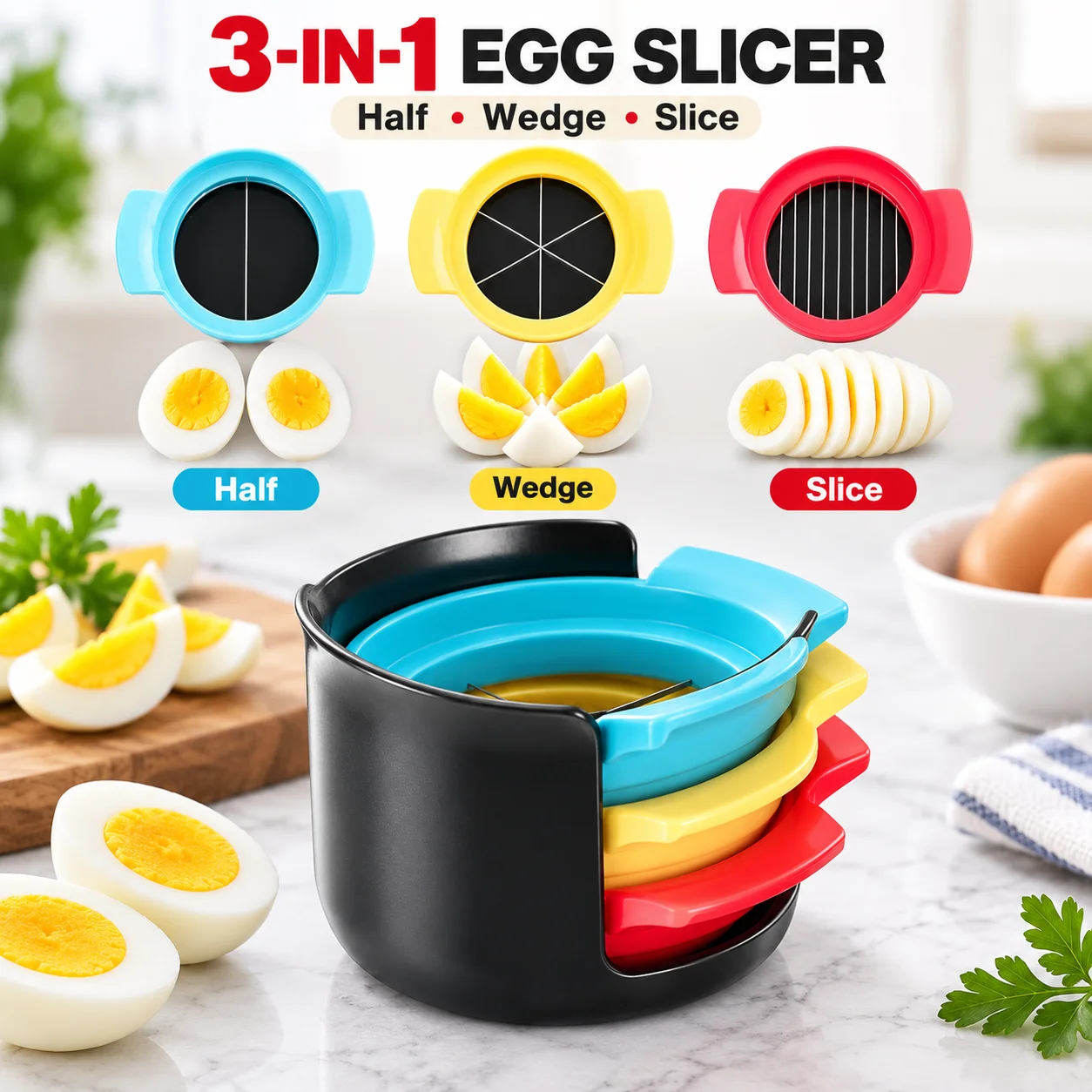 3-in-1 Stainless Steel Egg Slicer Multifunctional Egg Cutter for Slices Wedges Halves Kitchen Food Cutting Tool with Stable Base