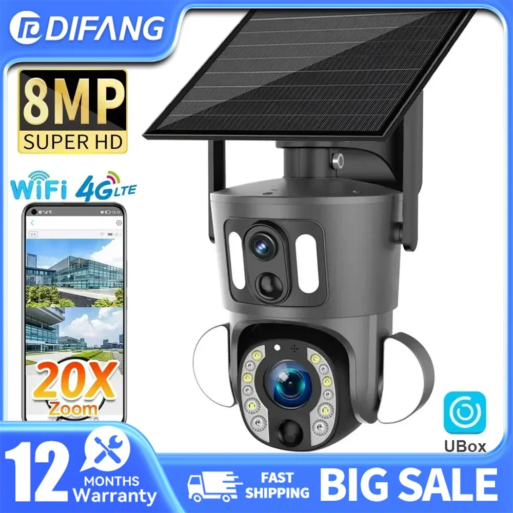 

Outdoor 20X Optical Zoom 8MP Solar Camera 4G Sim Dual Screen Camera 4K WiFi PTZ Dual PIR Detection Humanoid Auto Tracking CCTV