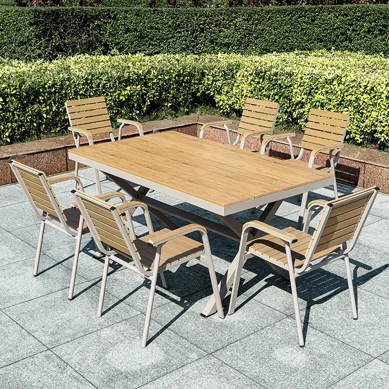 Outdoor Plastic Wood Dining Table and Chairs Set Sunscreen Preservative Courtyard Balcony Garden Furniture Combination