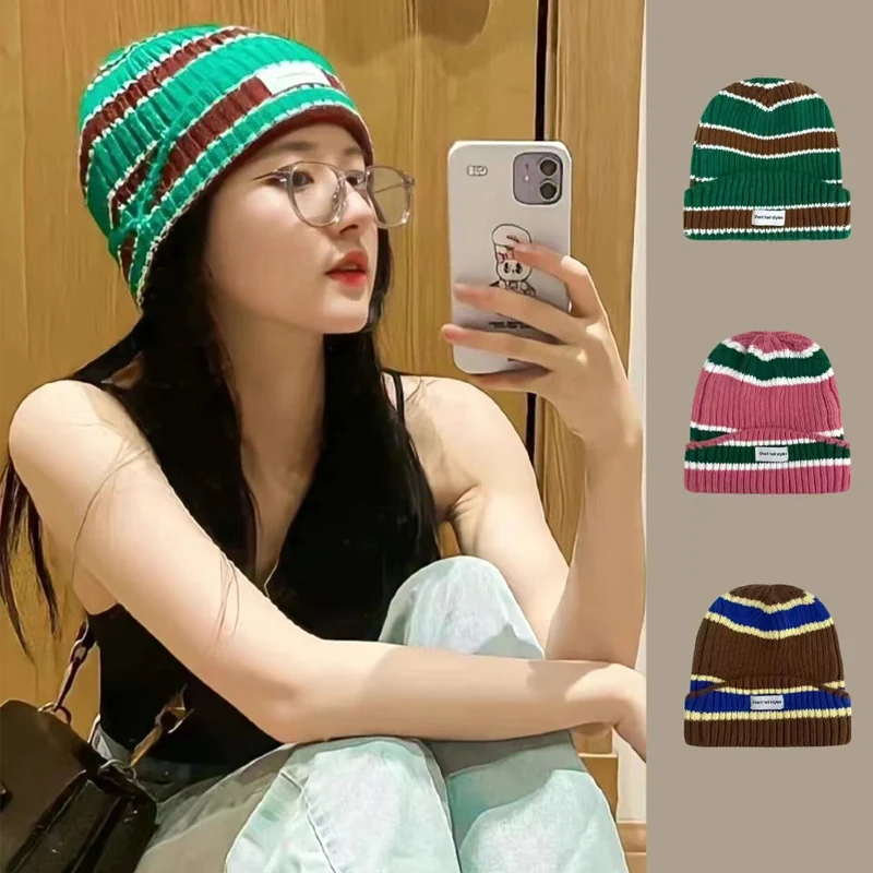 2022 New Ins Winter Loose Neutral Striped Knit Beanies Fall Ear Protection with Color Wool Cap Hip-hop Warm Round Top Skullies