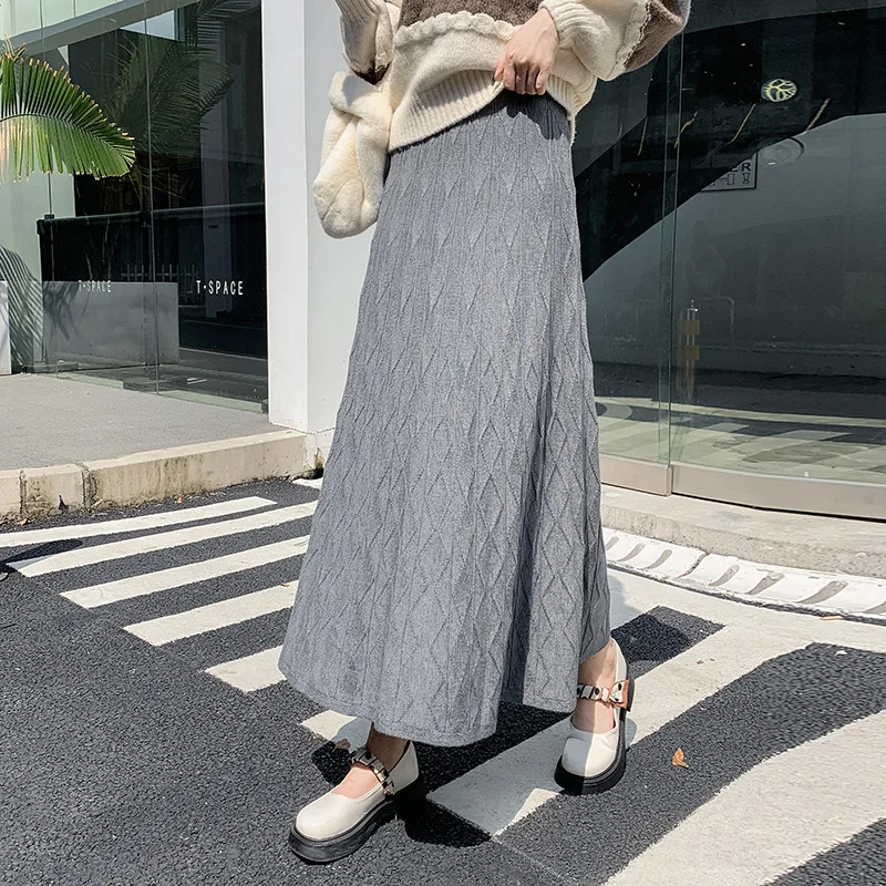 Autumn Winter Women's A-line Knitted Half Length Skirt High Waist Woolen Pleated Skirts For Women