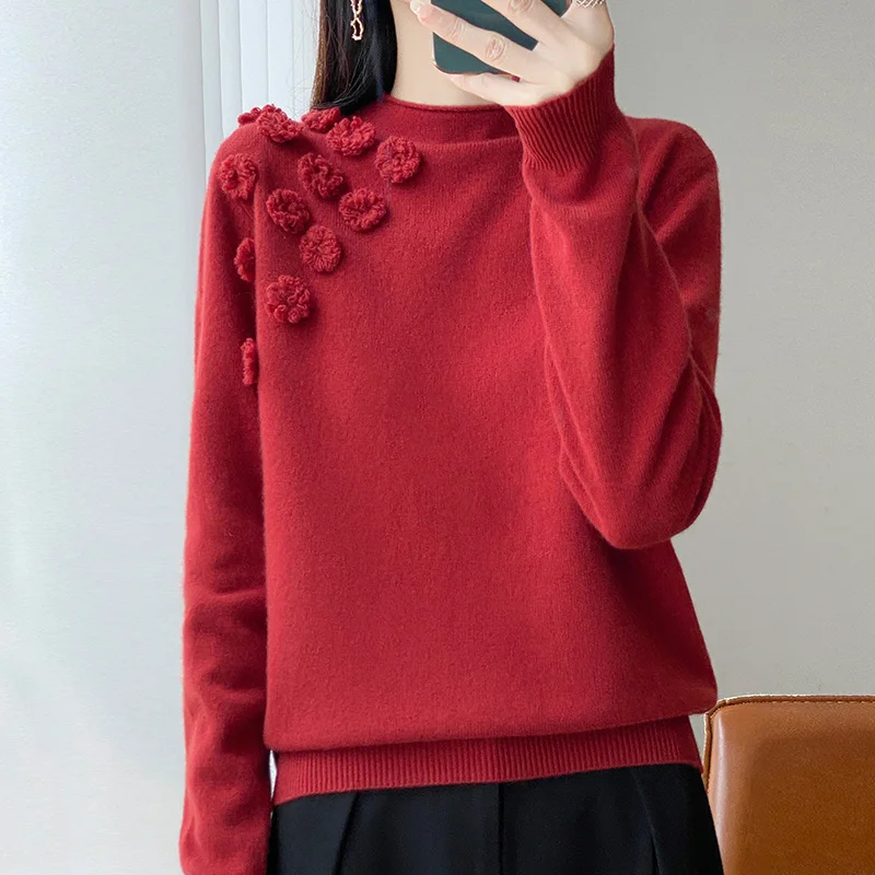 Damestrui van 100% wol met opstaande hals - verfraaid met gehaakte madeliefjes, presentatie elegantie en warmte