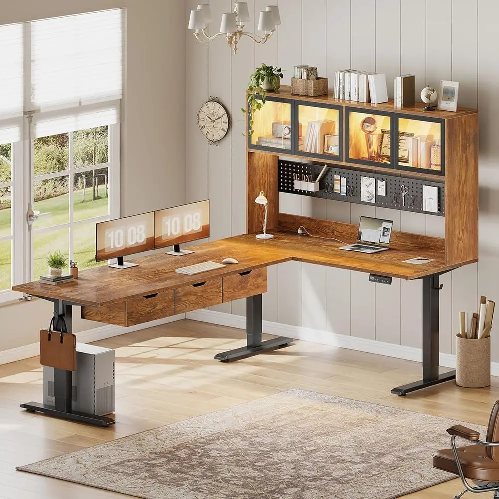 

Коричневый Г-образный стол в деревенском стиле с возможностью хранения, стояния и сидения, светодиодной подсветкой и перфорированной доской для домашнего офиса