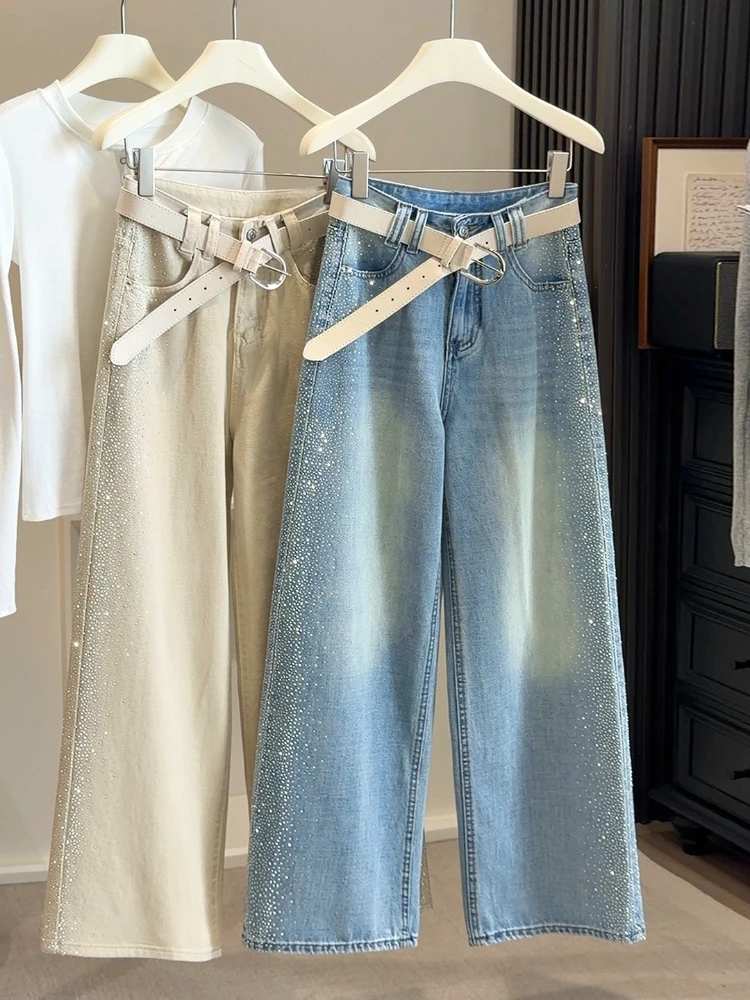 

Women’s Rhinestone Detail Denim Jeans Street Style 2026 Spring New in High Waist Sparkly Shiny Fashion Pants