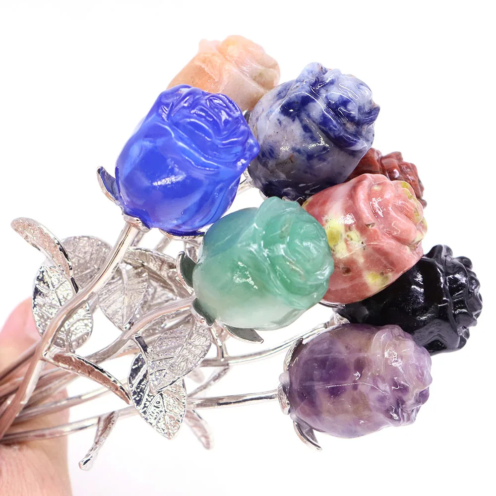 Crystal Rose Flower Natural Stone Amethyst Quartz Carved Gemstone Crafts For Valentine\'s Day Girlfriend Wedding Party Love Gifts
