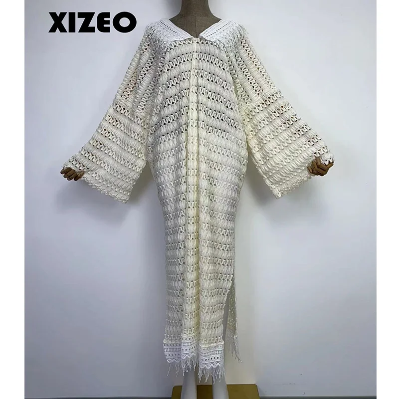 XIZEO  Cover Up Women  Fashion Sexy Boho African Holiday Party Long Sleeve Silk Feeling Robe Kimono Kaftan