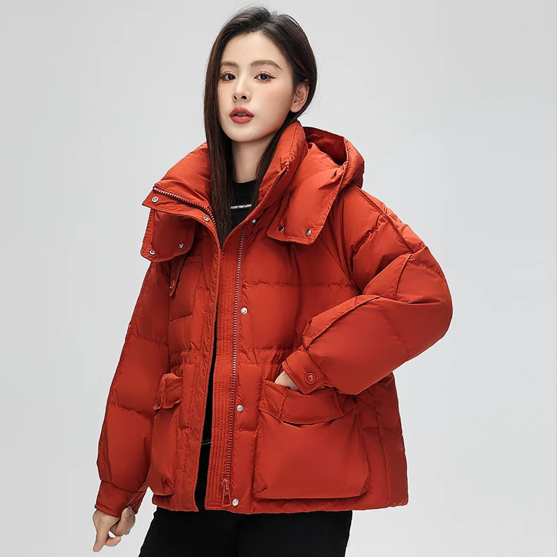 Short Women Jacket Korean Coats Down Fashion Simple Casual Puffer Coat Hooded Drawstring Loose Outerwear Warm Thick Down Jackets