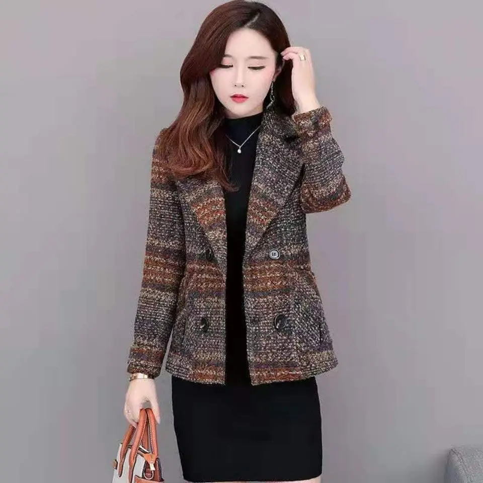 Algodão retro xadrez acolchoado misturas jaqueta mulher meio tweed lã mistura casaco para mulher curto outono quente novidade outerwears na moda