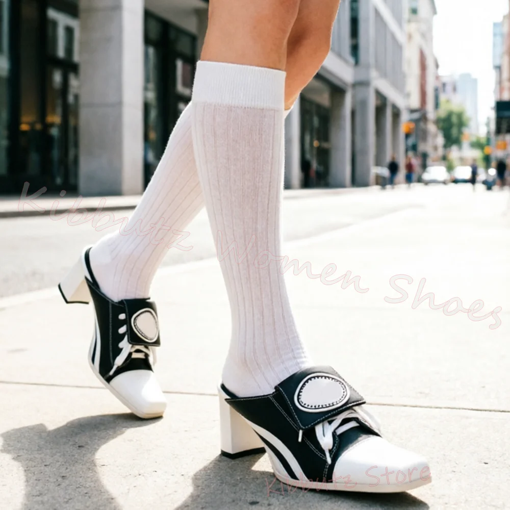 Women Mule Slipper Square Toe Block Heel Slip On Shoes Lace Up Sandals Fashion Casual Backless Street Style Elegant Pumps Shoes