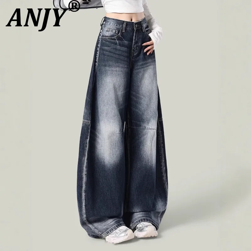 ANJY Autumn New Women American Vintage High Street Wide-Leg Jeans Hot Girl Slimming Chic Ins Versatile Draped Denim Pants A17897
