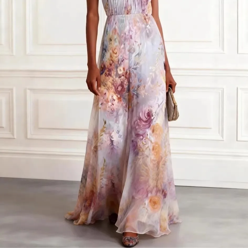 Printed Sleeveless Gown High Waist European and American Style Fitted Halter Neck Evening Dress for Women Spring Maxi Length