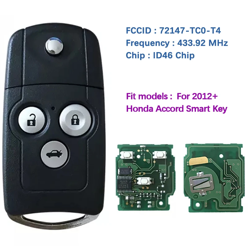 CN003071 Original 3 Button Flip Car Key For H-onda Accord 2012 Remote ID46 PCF7936 Chip 433mhz 72147-TC0-T41 Without Logo