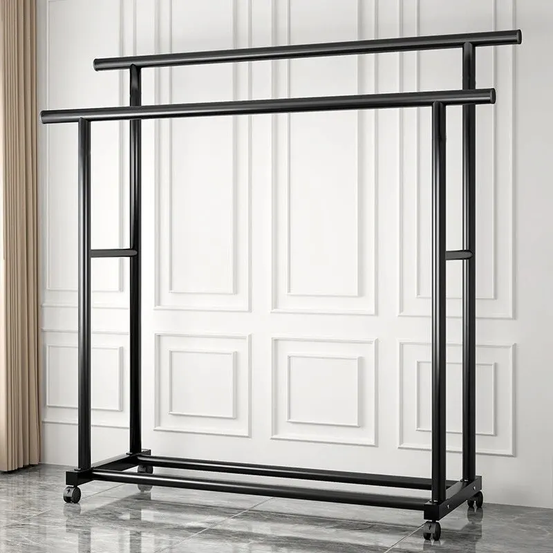 Multifunctional Double-deck Simple Clothes Hanger With Universal Wheels Bedroom Storage Wardrobe Coat Rack Home Sorting