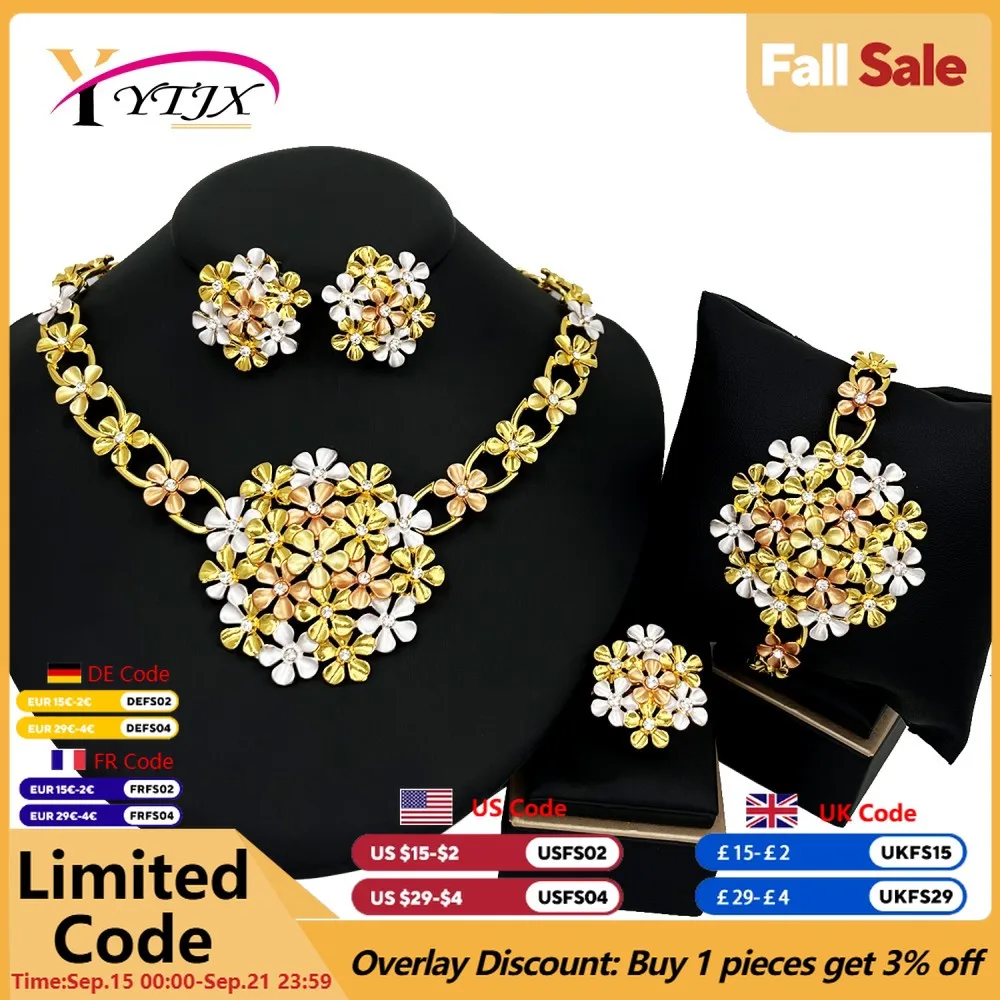 

YTJX африканский красочный комплект ювелирных изделий с большим цветком, элегантный кулон золотого цвета, ожерелье, браслет, круглые серьги-гвоздики, кольцо, новинка 2023 г.