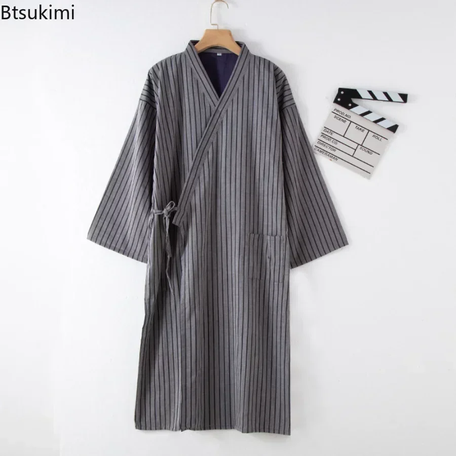 New 2024 Men\'s Casual Cotton Line Pajamas Solid Soft Sleepwear Male Bath Robe Japanese Kimono Cotton Nightgown Home Clothes Men