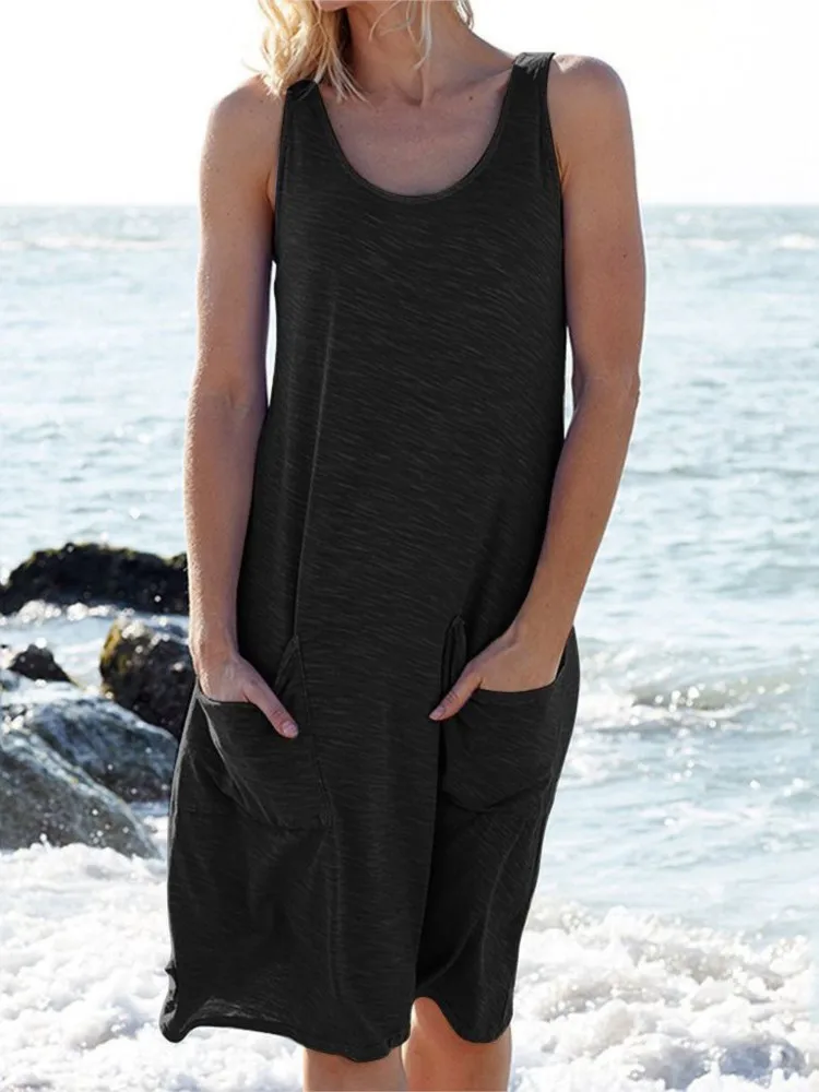 2025 Summer Casual Mini Dress Women Fashion Elegant Solid Color Beach Party Vestidos Pocket Female Loose Sleeveless Vest Dresses