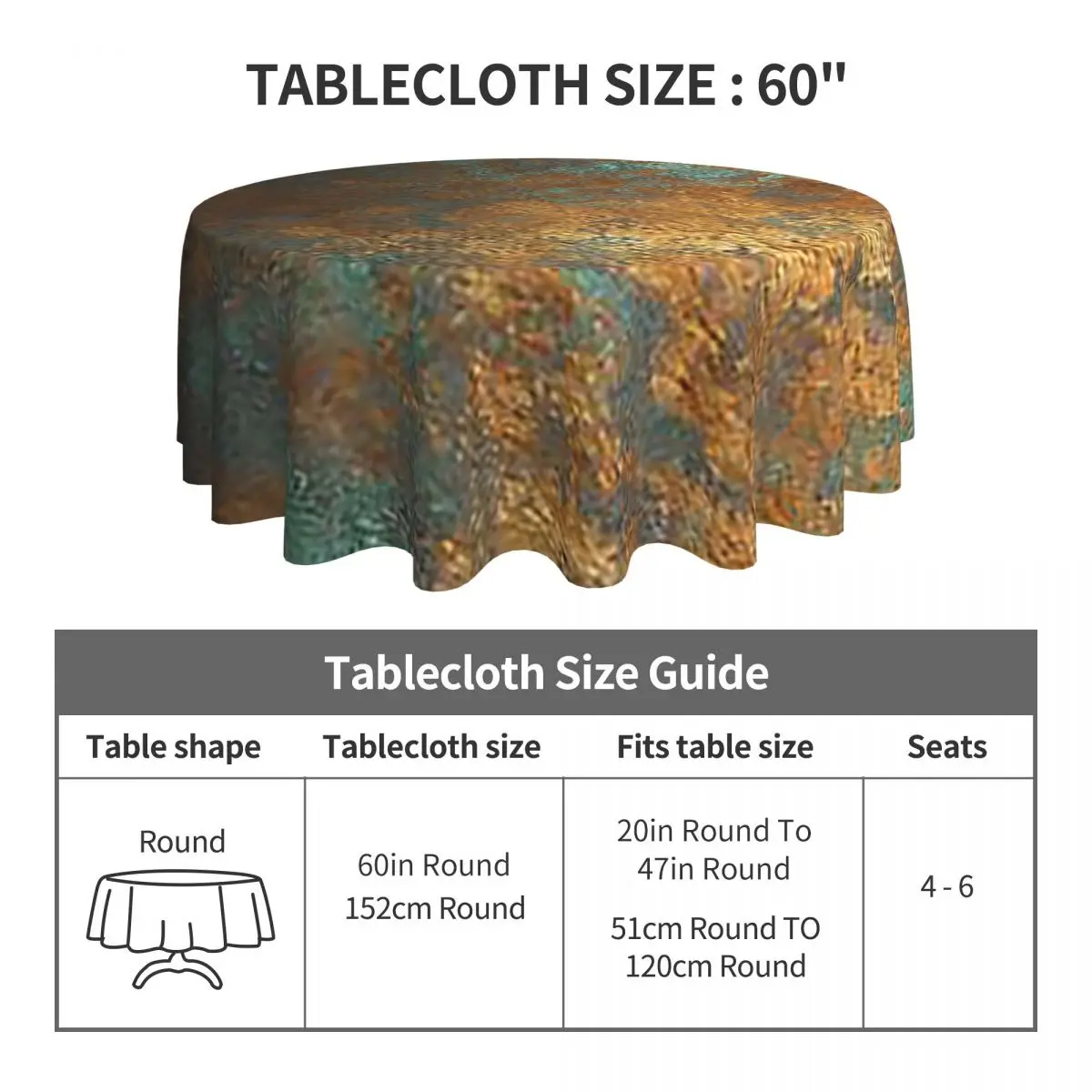 Oxidized Copper Waterproof Round Tablecloth Oilproof Table Cloth for Kitchen Events Dining Table Cover 60 inch