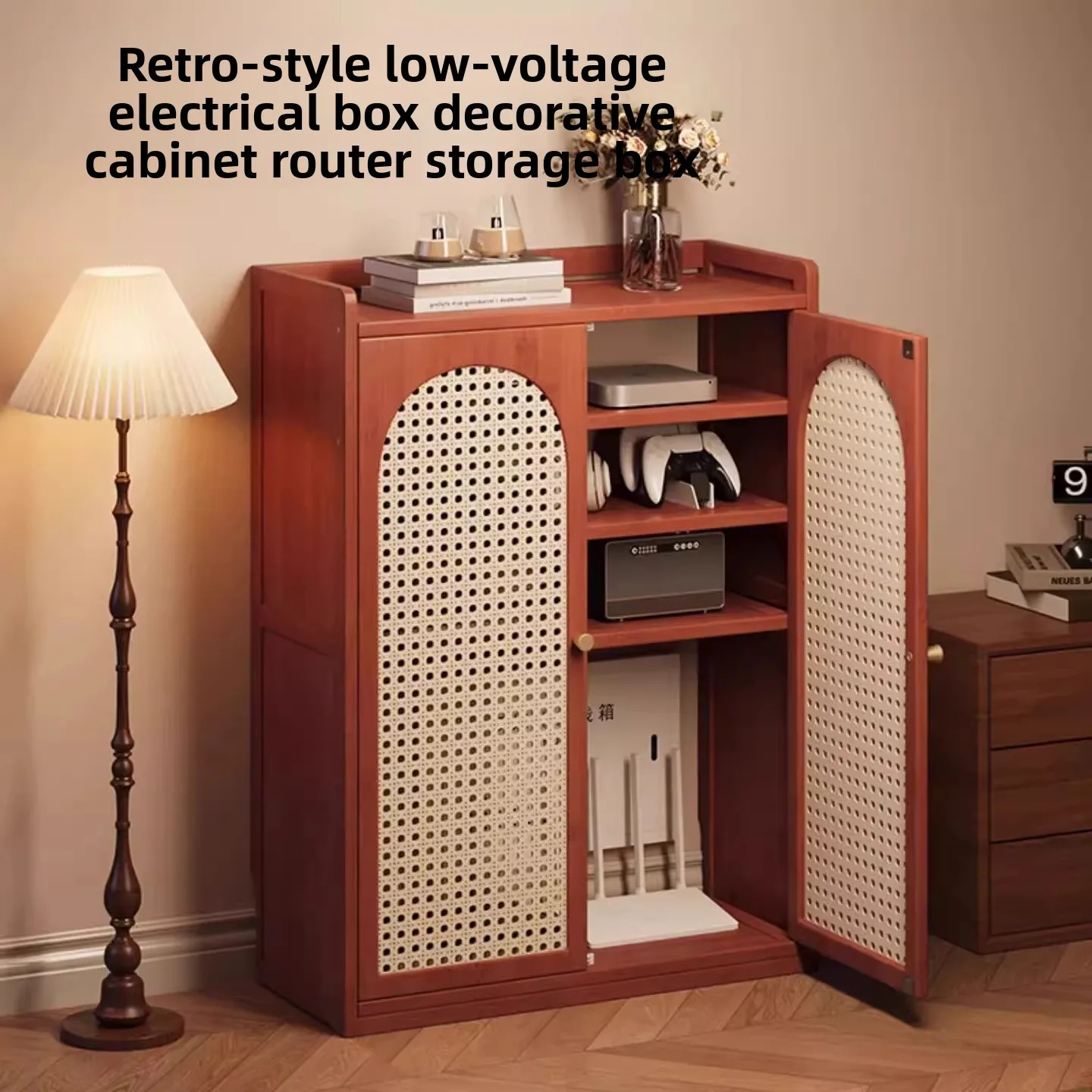 Vintage style living room storage cabinet, entrance cabinet, wicker mesh door cabinet, router multimedia storage cabinet