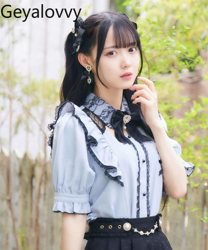 Mine Series Mass-ผลิตเสื้อสีขาวญี่ปุ่นElegant Lace Bow Tieจีบลูกไม้เสื้อแขนสั้นหญิงCamisas De Mujer