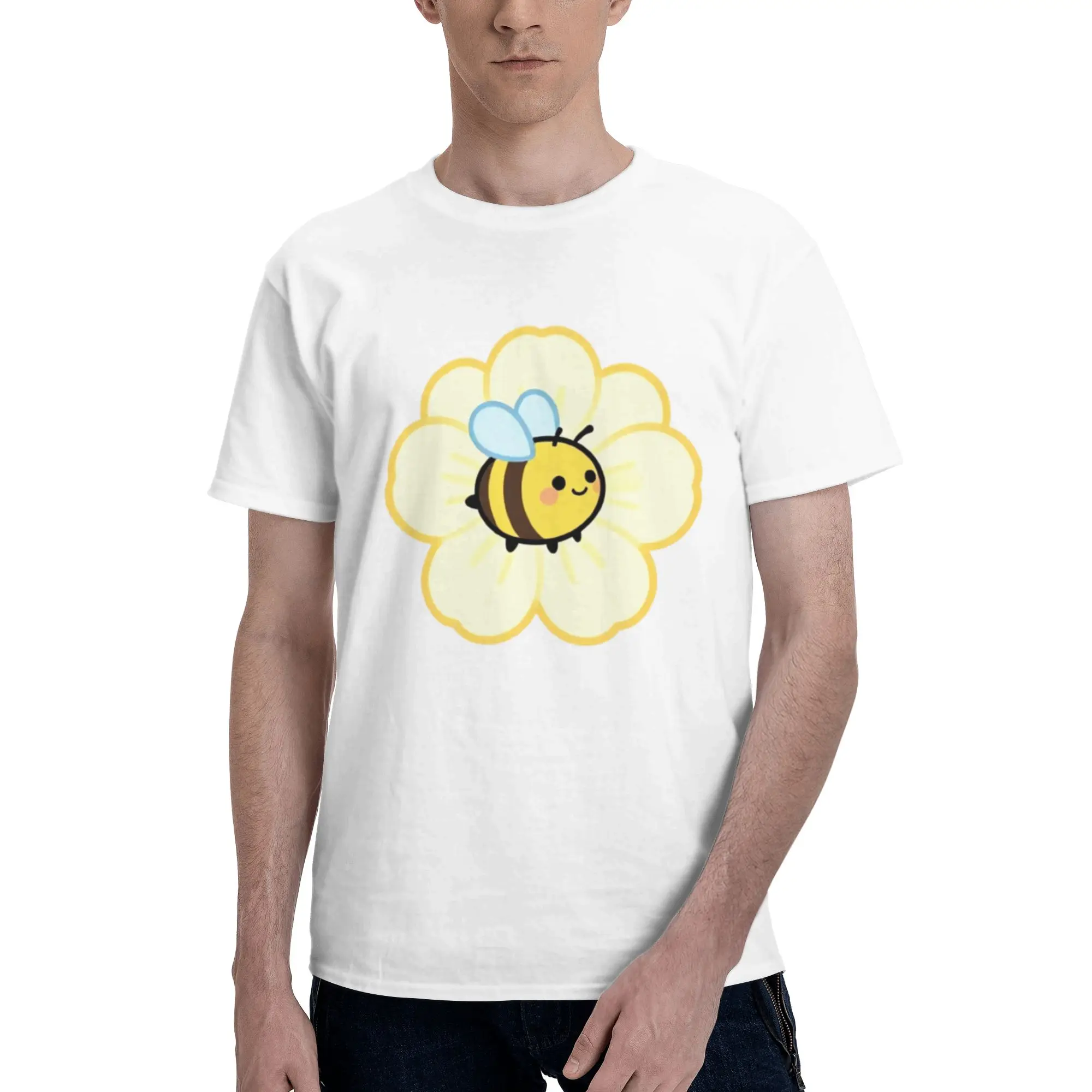 Cute Bee On Yellow Flower Clipart Men T Shirts  Crazy Tees Short Sleeve Crewneck 100% Cotton New Arrival Tops T-Shirt
