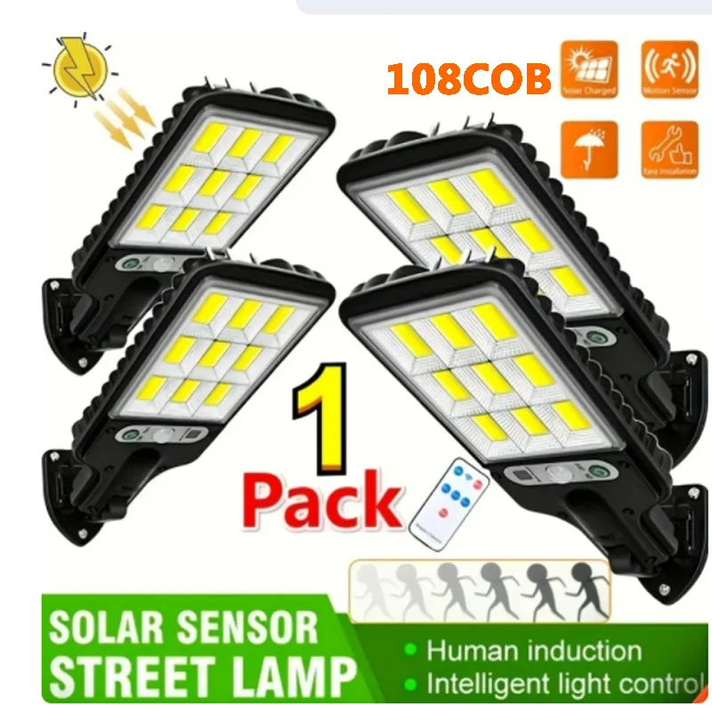 

108 COB Sensor Street Lamp 3 Light Modes Outdoor Waterproof Security Solar Lamps for Garden Patio Path Remote Control Light