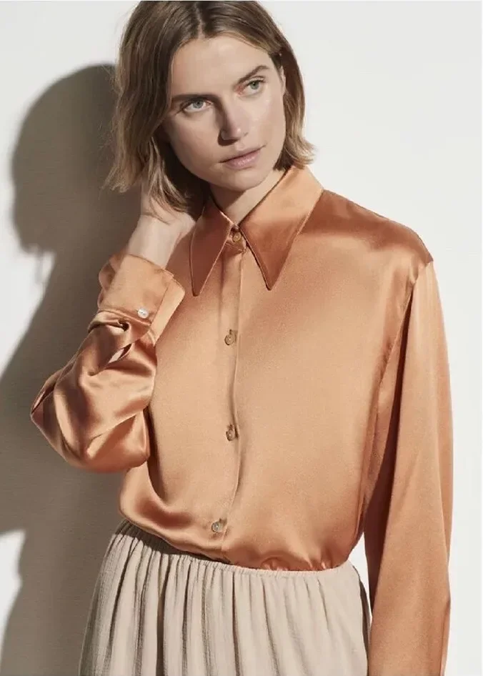 Round Peak Lapels Heavy Sand-washed Silk Smooth, Large Collar Satin Shirt for Women, 92.9% Mulberry Silk Blouse Women