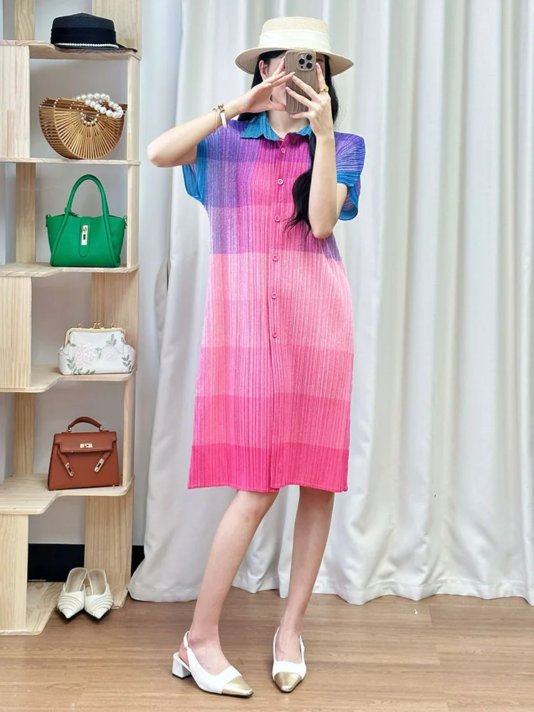 

Loose Midi Pink Summer Dress Women's Style Single Button Turn-down Collar Pleated A-line Skirt Casual Comfortable Polyester F...