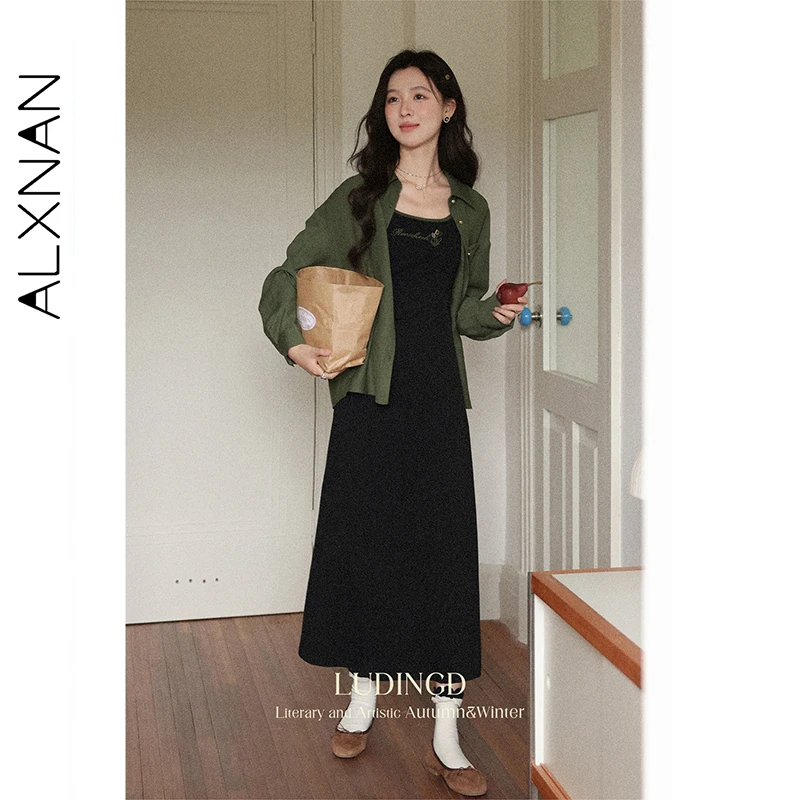 ALXNAN 빈티지 그린 셔츠 여성 가을 ​​새로운 자수 루즈핏 캐주얼 셔츠 금속 단추 오피스 레이디 긴 소매 탑 L56812