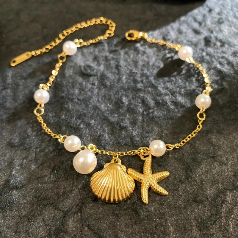 

Stainless steel shell pearl starfish hanging chain bracelet women's ocean style accessory