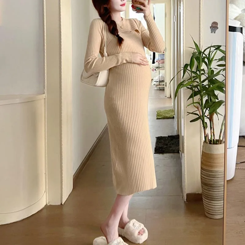 Maternity Autumn Winter Thick Warm Nursing Dress Long Sleeve Turtleneck Breastfeeding Clothes Pregnancy Knitted Dress Lactation