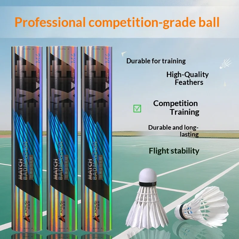 volants-de-badminton-professionnels-ams-m6-pour-competition-et-entrainement-en-plumes-d'oie-resistants-au-vent-durables-vol-stable-12-pieces