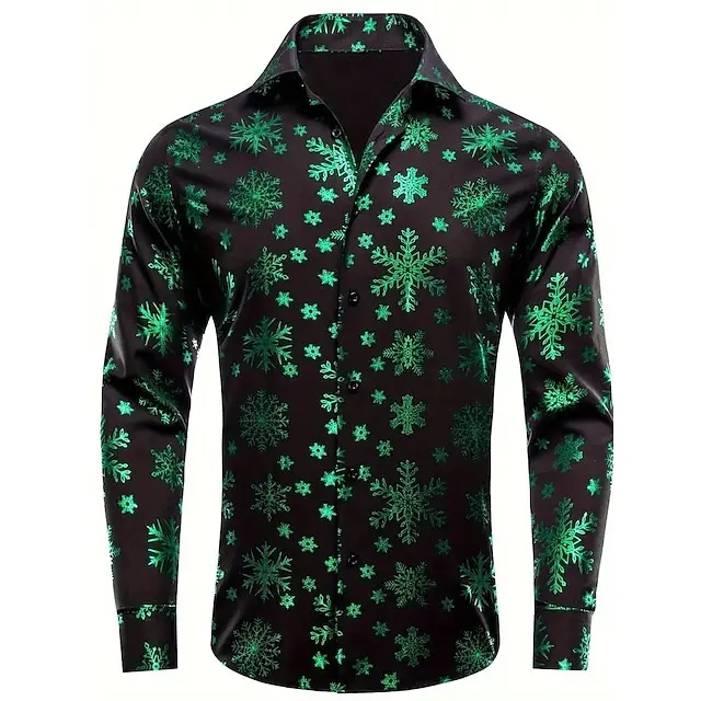 Golden Christmas tree pattern printed New Year men\'s long sleeve shirt comfortable high quality lapel top casual men\'s shirt