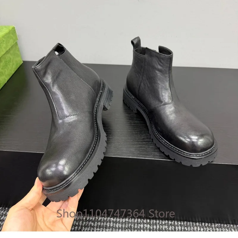 Designer Fashion Genuine Leather Side Zipper Ankle Boots Men's Shoes Black Thick Sole Round Toe Casual Chelsea Work  Boots Male