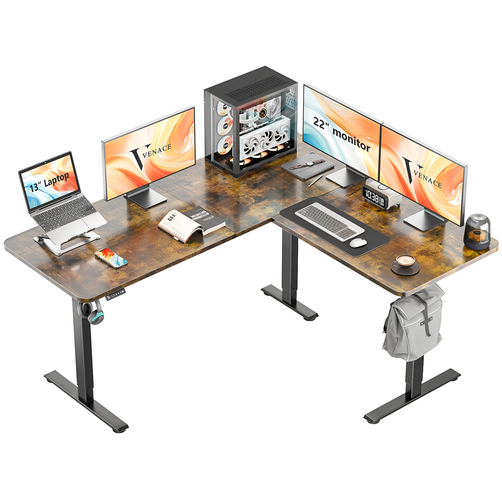 

VVENACE 63 x 55 inch L Shaped Electric Standing Desk Corner Computer Workstation, Brown, 3 Split Boards