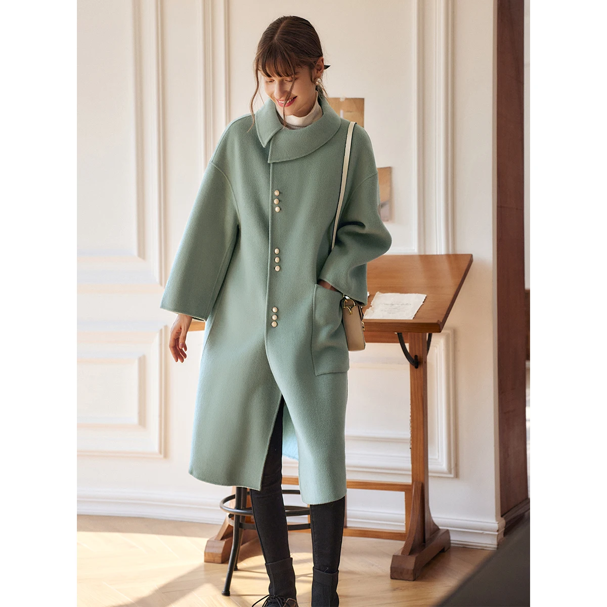 OLrain французские длинные шерстяные пальто для женщин, осень 2024, свободная шерстяная куртка с длинными рукавами, модное однотонное отложное пальто VP56DS58996