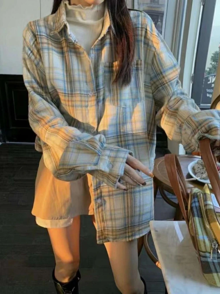 

Plaid Shirts Women Spring Loose Korean Style Fashion Leisure Sweet Lovely Girls All-match Commute Age-reducing Baggy Streetwear