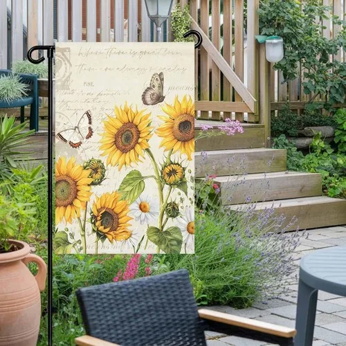 Farm Sunflowers Garden Flag Double Side, Retro Flowers Butterfly, 12x 18 RRI
