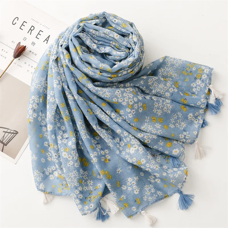 KYQIAO luxury brand woman scarf Korean fashion long printed blue hijab scarf women 2024 headscarf women accessories