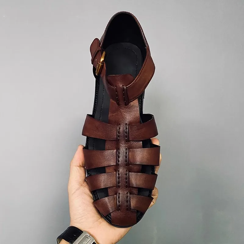 Flat men's sandals summer new leather thin belt square heel brown Roman sandals large size small size casual beach men's shoes