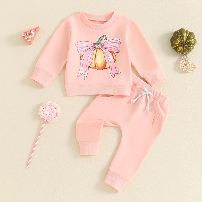 2024-05-27 Lioraitiin Toddler Girls Halloween Outfits Bow Pumpkin Print Long Sleeve Sweatshirt and Elastic Pants Baby Cute Set