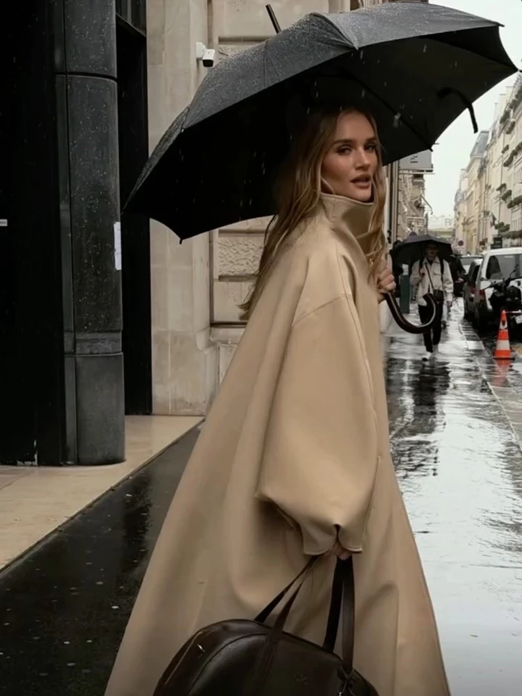 Women Solid Oversized Trench Windbreaker High Stand Collar Drop‑shoulder Lantern Sleeve Coat Autumn Street Commute Outerwear