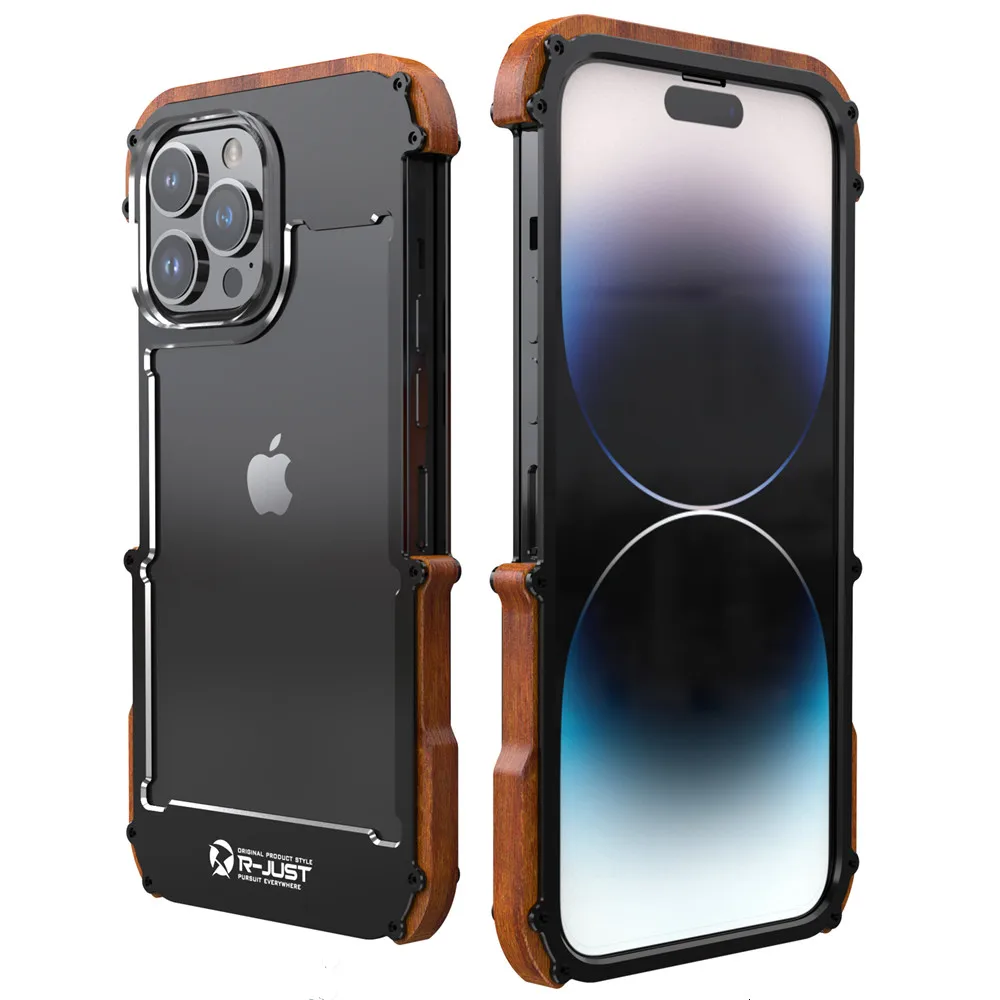 Iron Wood Case for iPhone 14 Pro Max 15 Pro 13 12 11 XS Max XR X Aviation Aluminum Alloy Bumper Metal Cover for iPhone 13 Mini