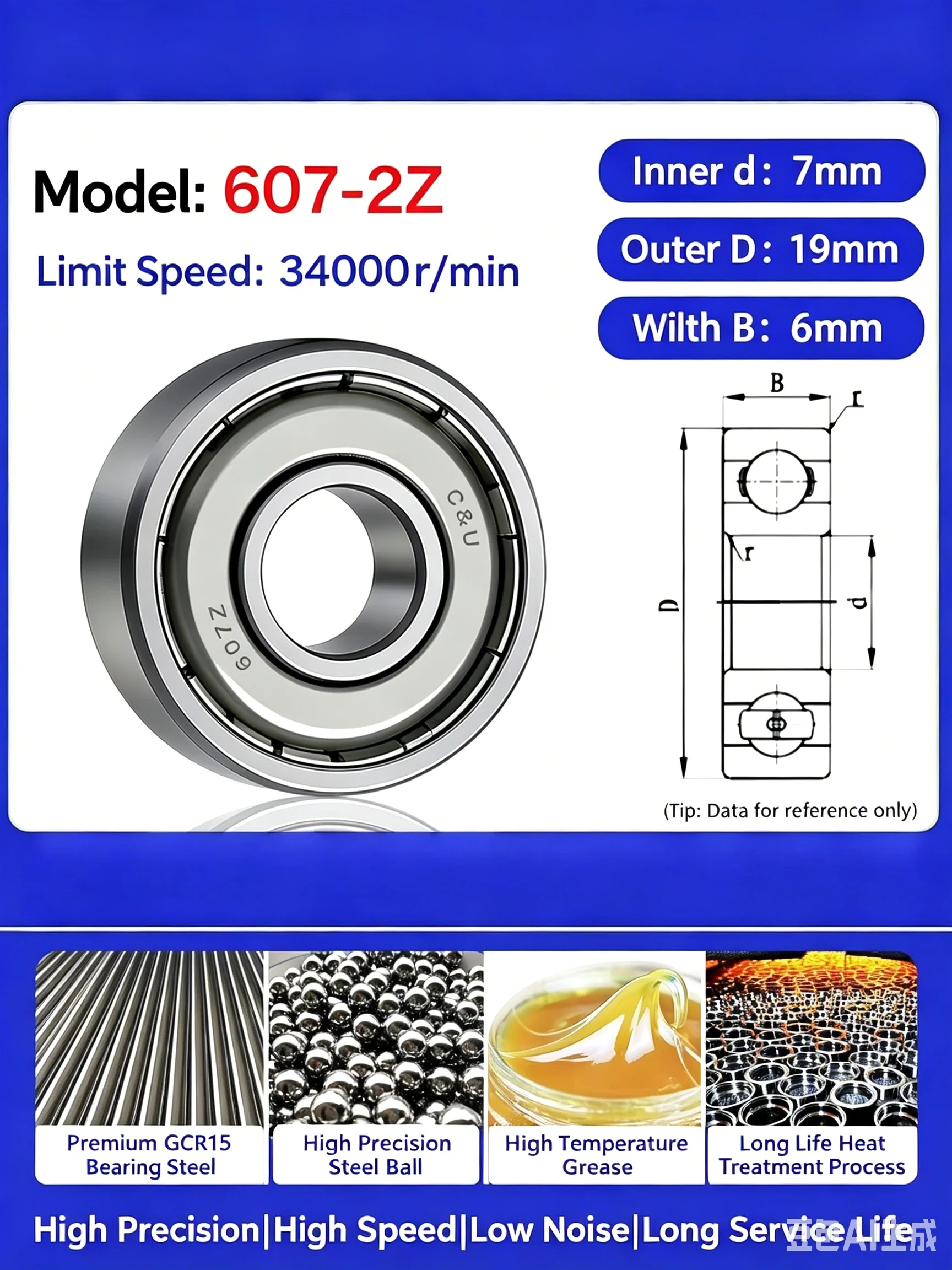 Humanistic Bearing, Special for High-End Power Tools, High-Speed Model PT607-2RST/ETK 608 626 629 6000 6001 6200 6201 6202-2RST
