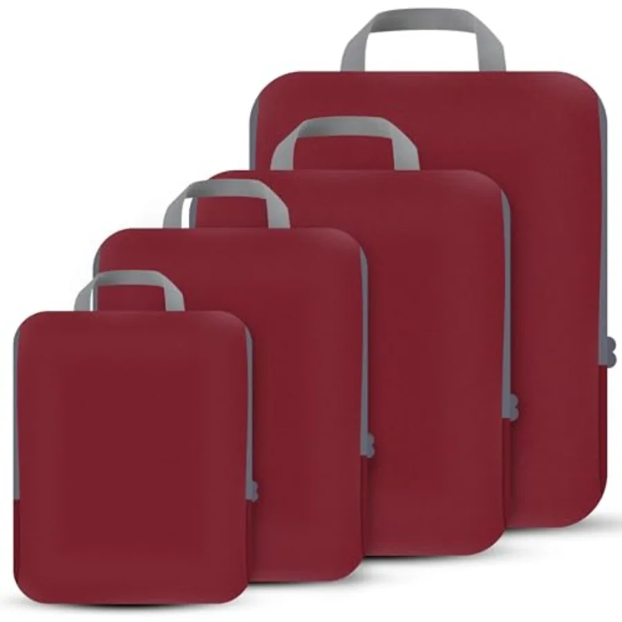 

4 Set Compression Packing Cubes Travel - Expandable Packing Organizers for Carry On Luggage - Burgundy Essentials Travel Access