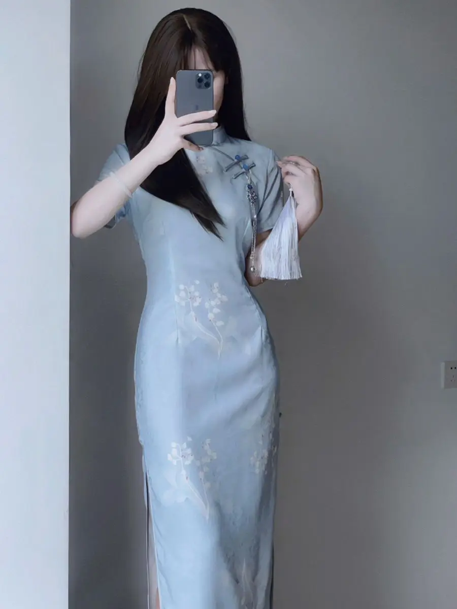 2023 Summer Cheongsam Improved Elegant Qipao Daily Slim Fit Blue Gentle Comfortable Qipao Long Vintage Dress