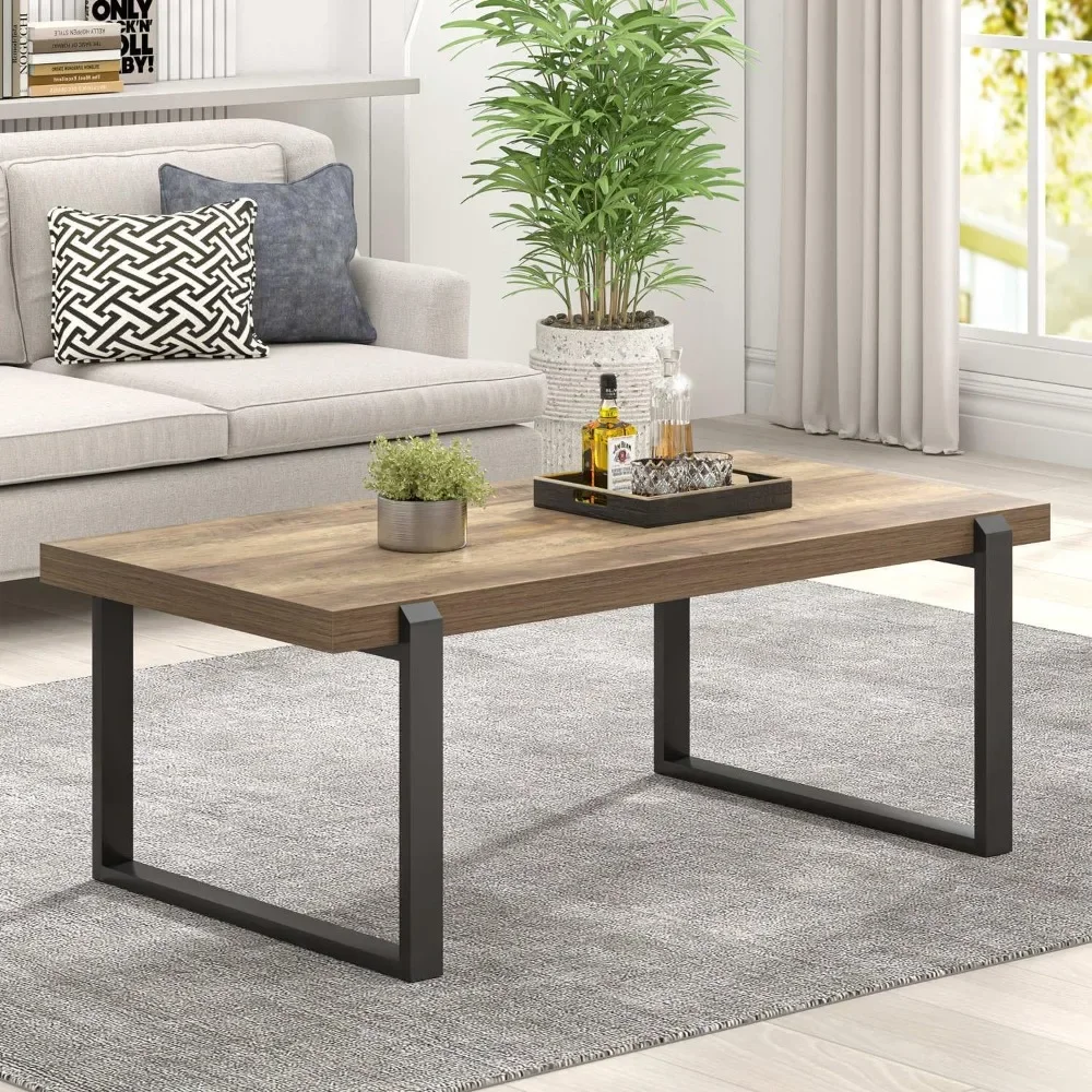 Coffee Table, Industrial Cocktail Tea Table for Living Room, Oak, 44 Inch, Modern Rustic Wood and Metal Center Table