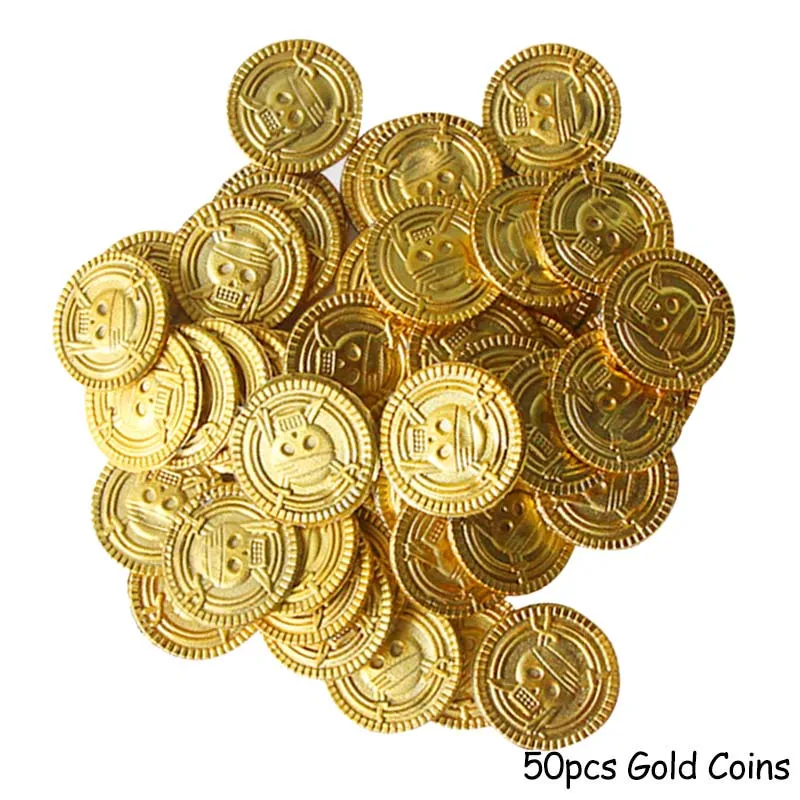 50pcs Plastic Pirate Gold coin Treasure Coins Halloween Kids Birthday Party Decoration Fake Coins Treasure Hunt Game Toys Props