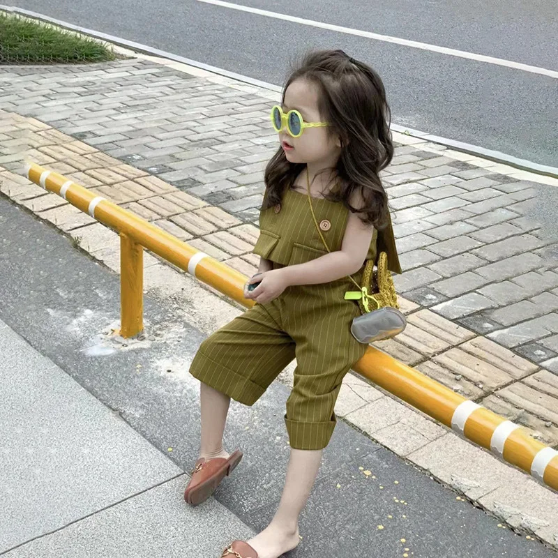 Girls' Suit Summer New Vest+Fashionable Wide-Leg Pants Western Style Jumpsuit Children One Piece Dropshipping