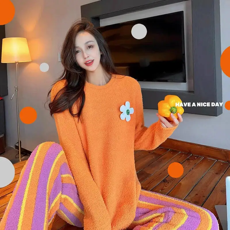 2025 Women Autumn Winter New Style Soft Comfort Headwear Sleepwear Cover Warm Thick Cute Sweet Student Leisure Set Home Clothes